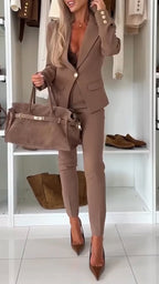 Women Collar Jacket+ Pants Solid Color Temperament Casual Suit