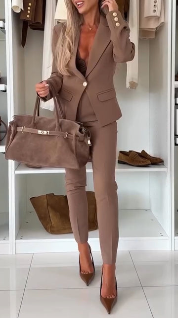 Women Collar Jacket+ Pants Solid Color Temperament Casual Suit