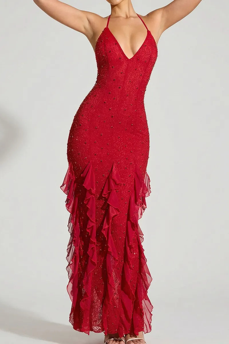 Women's Sleeveless Beaded Backless Slit Bodycon Long Party Dress