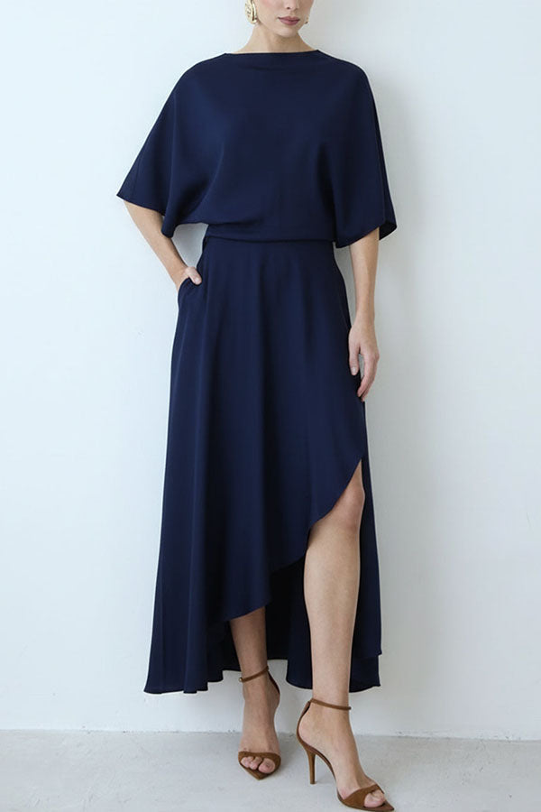 Satin Wrap Asymmetric Maxi Dress | Half-Sleeve Draped Silhouette