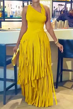 Women's Fashion Party Asymmetric Neckline Fringe Midi Dress