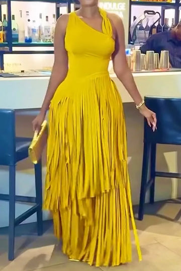 Women's Fashion Party Asymmetric Neckline Fringe Midi Dress