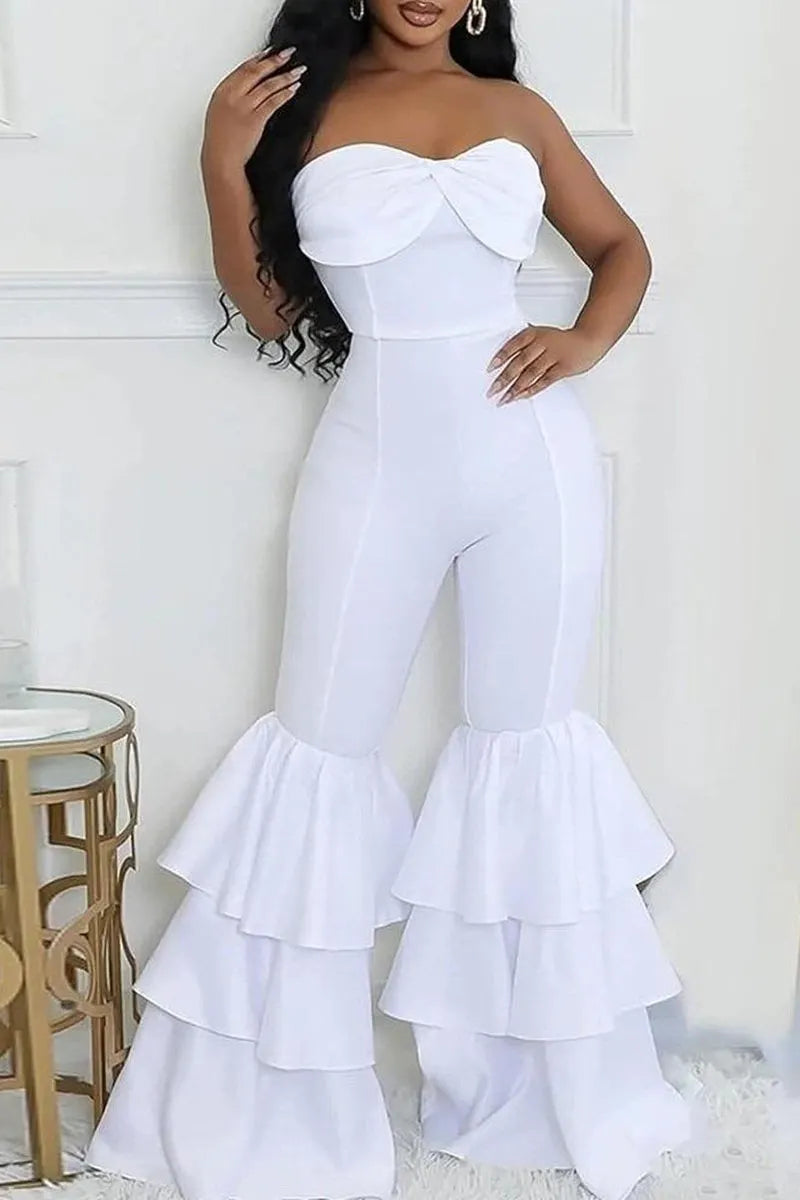 Women's White Strapless Bow Front Tiered Ruffle Flare Leg Jumpsuit