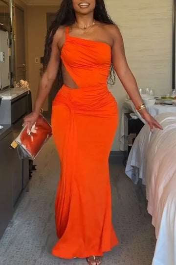 Women Off-shoulder Waist Hollow Solid Color Elegant Temperament Maxi Dresses
