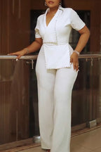 Women's Elegant Studded Lapel Trim Short Sleeve Jumpsuit