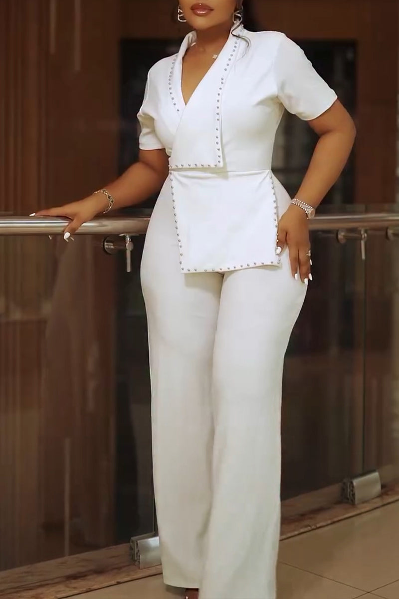 Women's Elegant Studded Lapel Trim Short Sleeve Jumpsuit