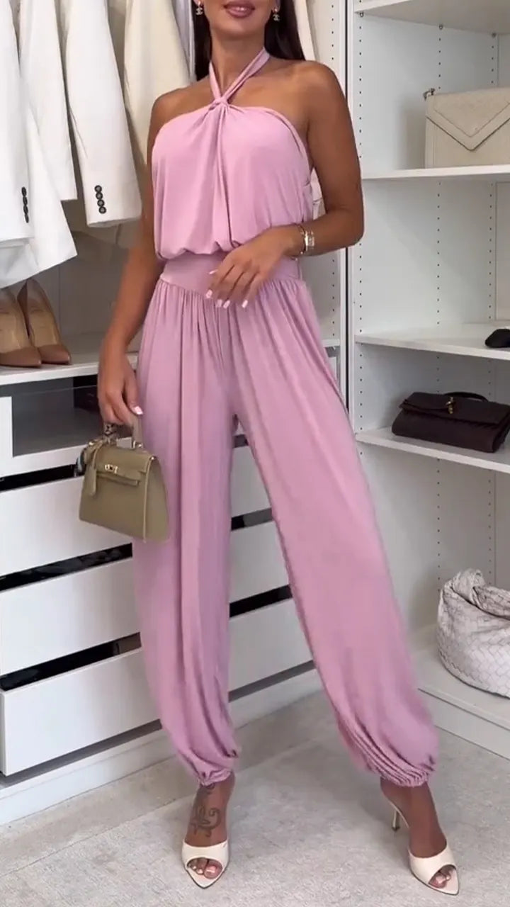 Women Hanging Neck Sleeveless Patchwork Solid Color Casual Jumpsuit