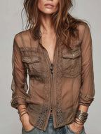 Vintage Zippered Collar Chiffon Blouse