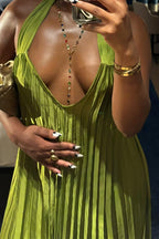 Women's Satin Pleated Halter Evening Gown in Vibrant Green