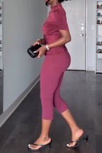 Women Round Neck Pleated Patchwork Top + Tight Pants Casual Set