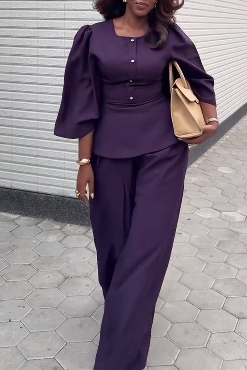Womens U-neck Waist Cinched Top+ Wide Leg Pants Elegant Temperament Formal Suit