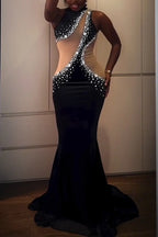 Women's Elegant Party Rhinestone Mesh Panel Maxi Dress