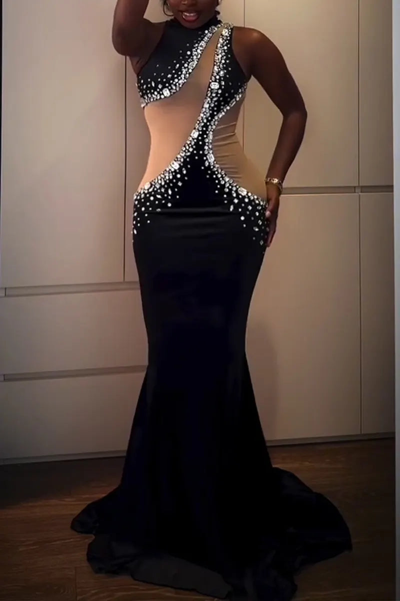 Women's Elegant Party Rhinestone Mesh Panel Maxi Dress