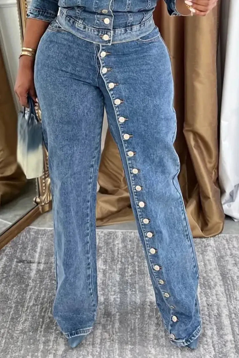 Women Collar and Buckle Splicing Casual Denim Suit