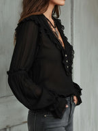 Vintage Black Ruffle Long Sleeve Blouse With Lace Trim