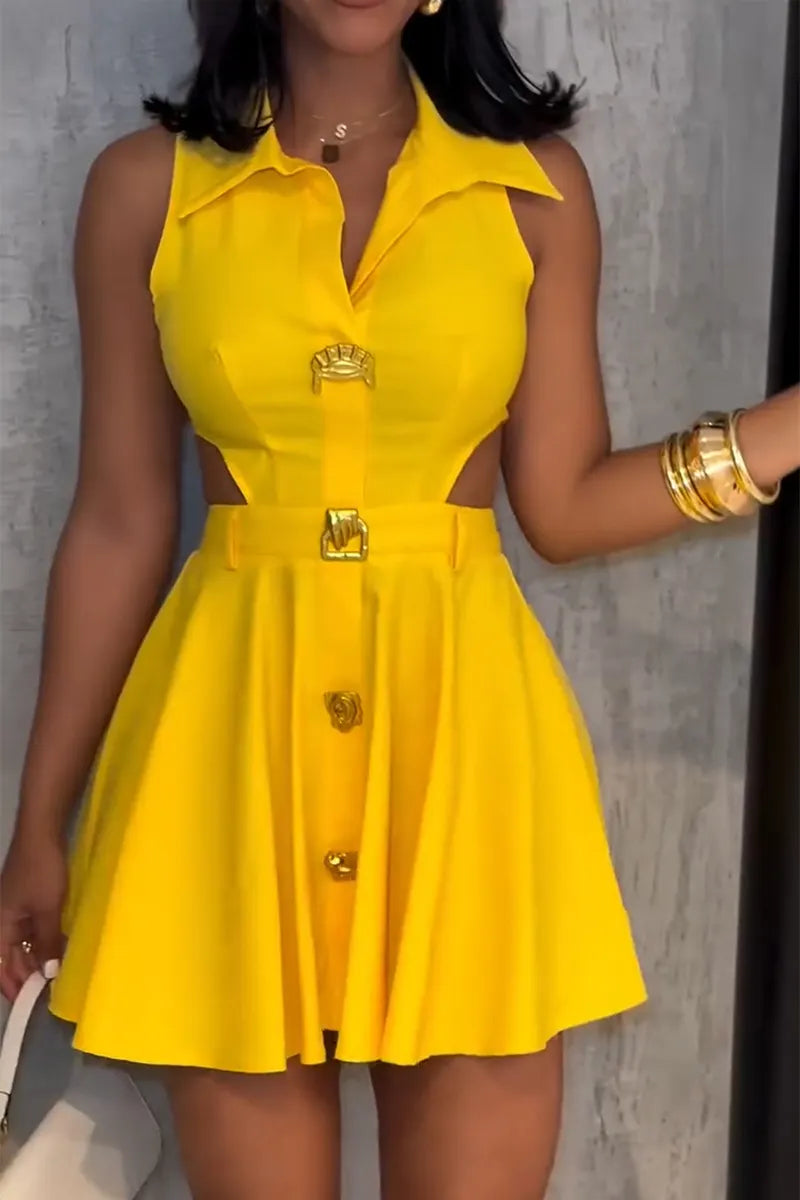 Women's Fashion Waist-Cutout Button Trim Dress