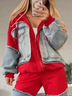 Women Collared Patchwork Denim Casual Suit