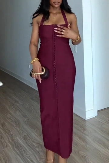 Women Neck Hanging Buckle Slim Fitting Elegant Temperament Dress