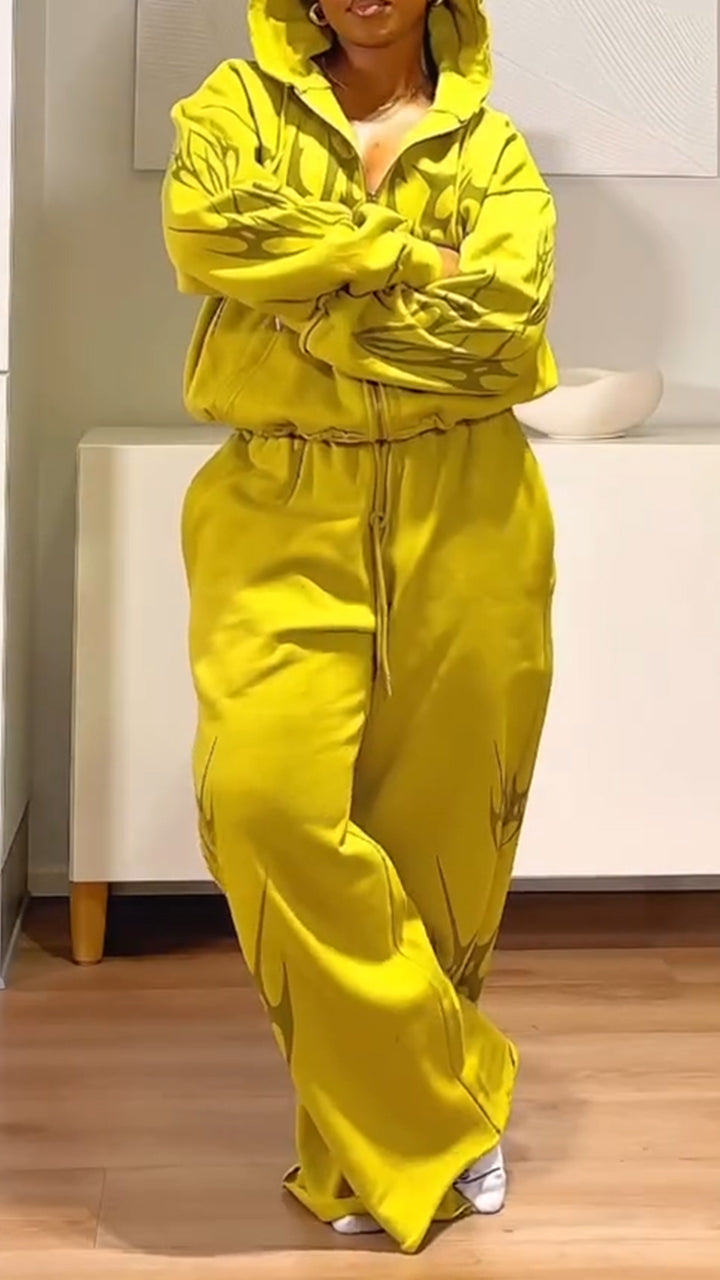Womens Hooded Printed Jacket+ Pants Casual Set