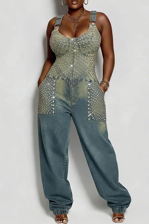 Hot Selling Women's Casual Rivet Denim Jumpsuit