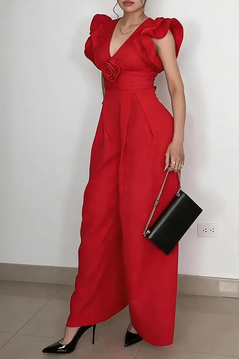 Women's Bestseller Elegant Flounce Sleeve V Neck Wide Leg Jumpsuit
