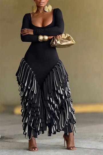 Women's Black Long-Sleeve Midi Dress with 3D Fringe Layered Skirt & Deep Square Neck