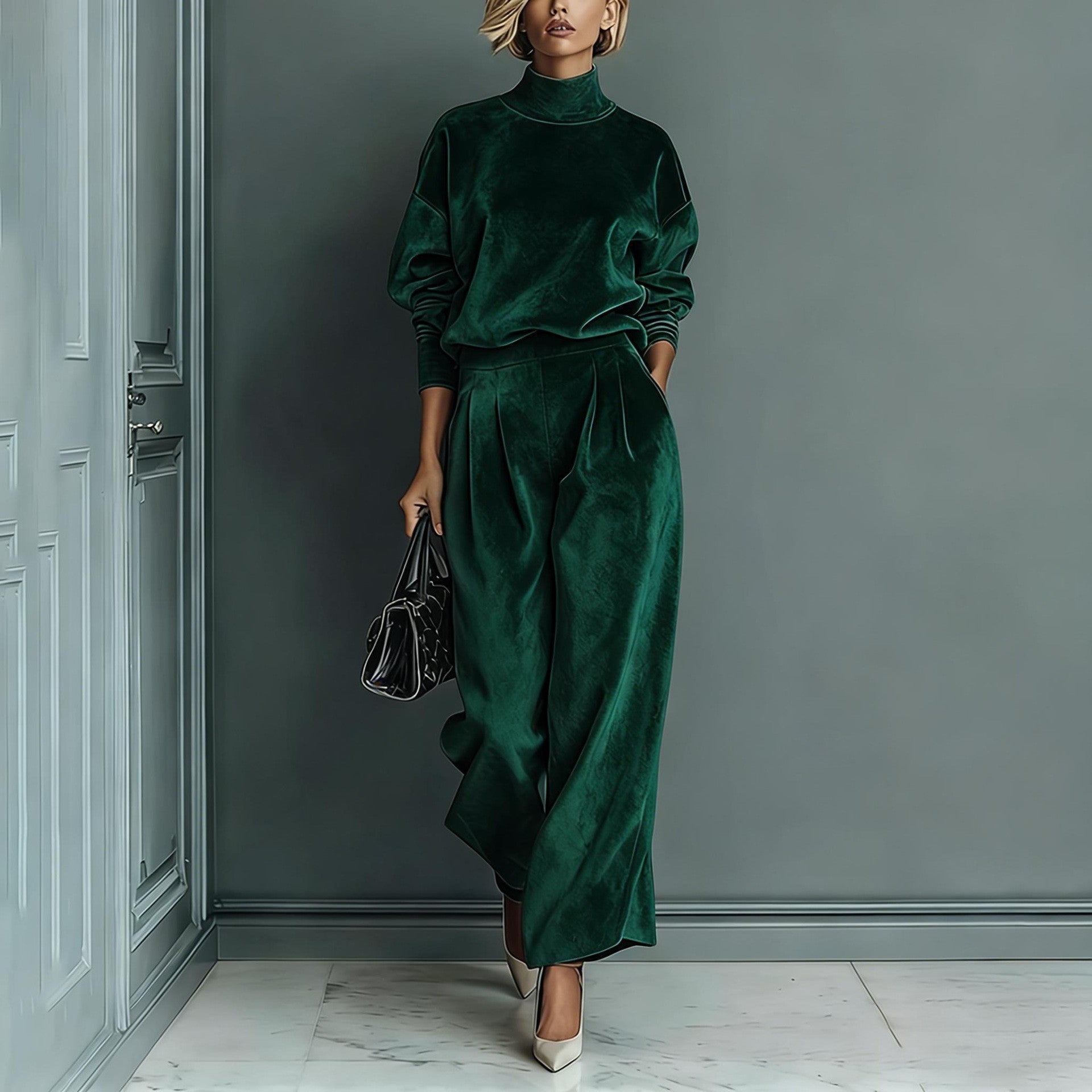 Velvet Cloud Oversized Co-ord Set: Luxe Turtleneck & Tailored Wide-Leg Pants
