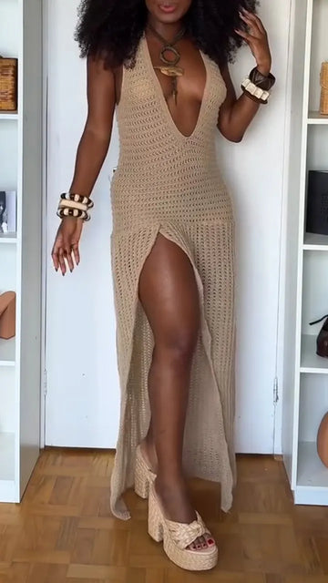 Women Deep V-neck Slit Sexy Casual Dress