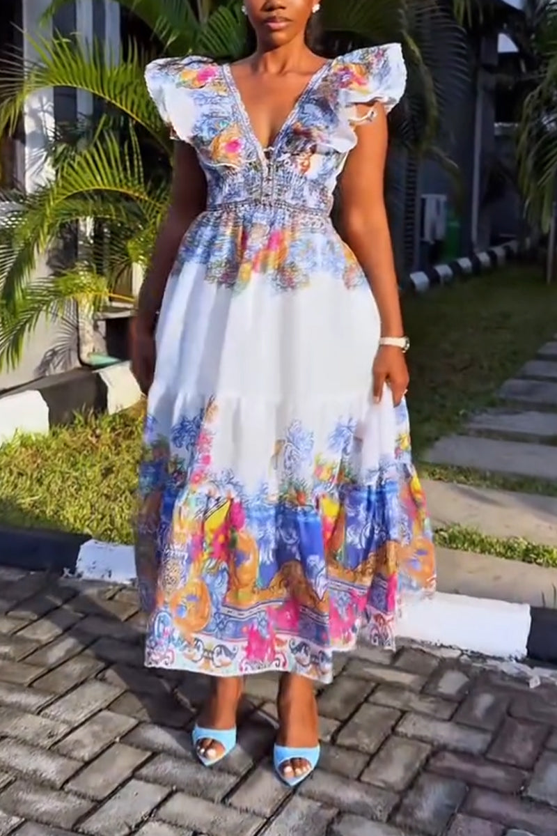 Women V-neck Printed Waist Cinched Flying Sleeve Elegant Casual Maxi Dresses