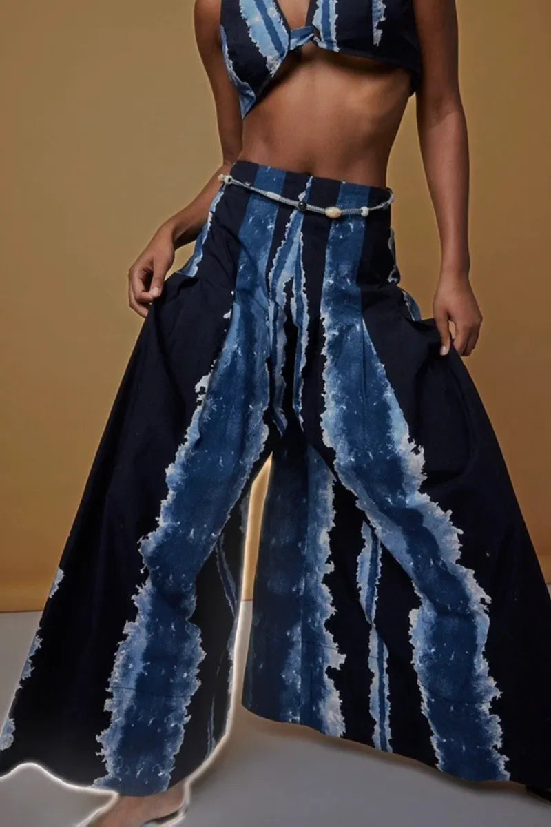 Women's Tie Dye Striped Sleeveless V Neck Knot Front Crop Bra Top Or High Waist Wide Leg Palazzo Pants