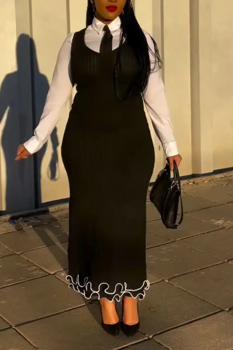 Women Elegant Temperament Collar Shirt or Knitted Slim Fit Dress