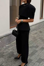 Womens Round Neck Splicing Top + Pants Solid Color Temperament Casual Suit