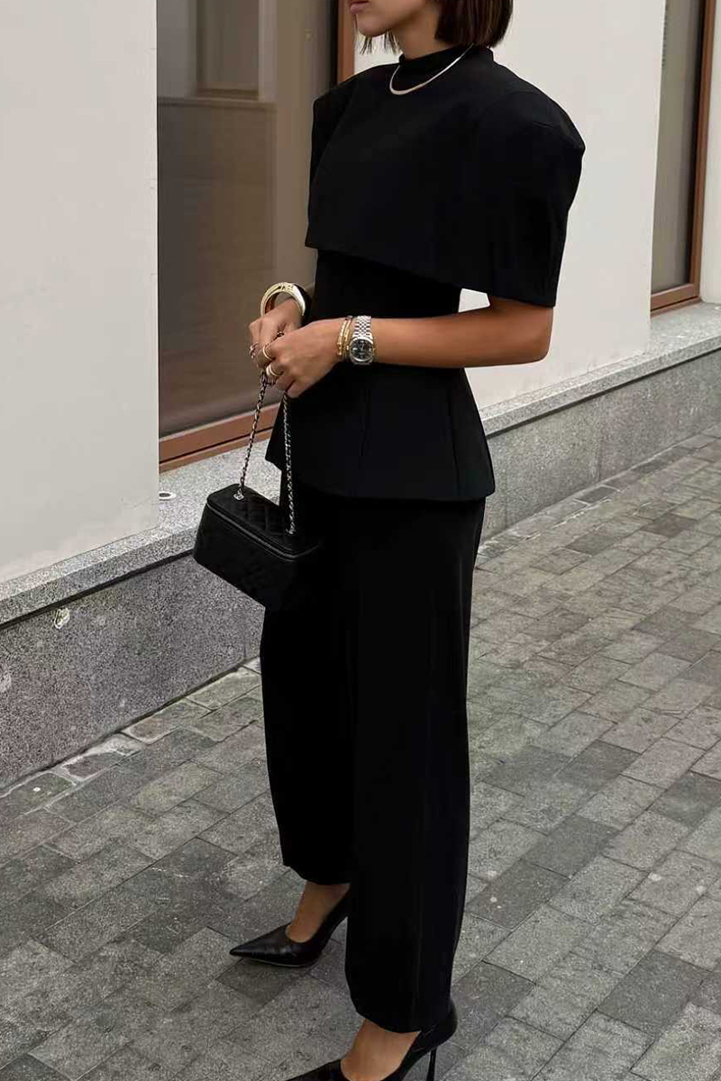 Womens Round Neck Splicing Top + Pants Solid Color Temperament Casual Suit
