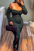 Women One Neck Floral Decoration Slim Fit Slit Elegant Temperament Dress