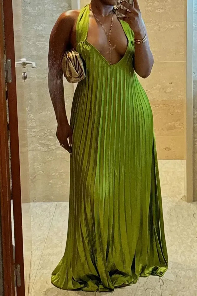 Women's Satin Pleated Halter Evening Gown in Vibrant Green
