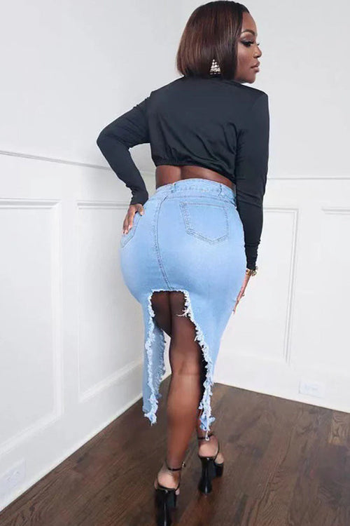 Ladies' Casual Denim Ripped Asymmetric Hem Mid Length Skirt
