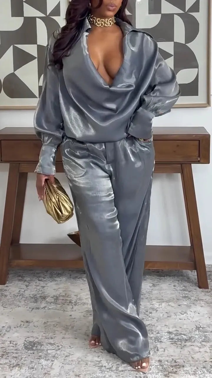 Women Laple Collar Top+ Pants Solid Color Temperament Casual Suit
