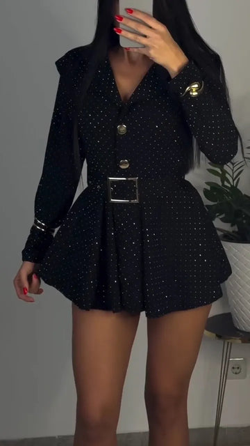 Women V-neck Rhinestone Temperament Casual Dress