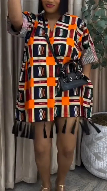 Women V-neck Plaid Patchwork Tassel Loose Casual Dress