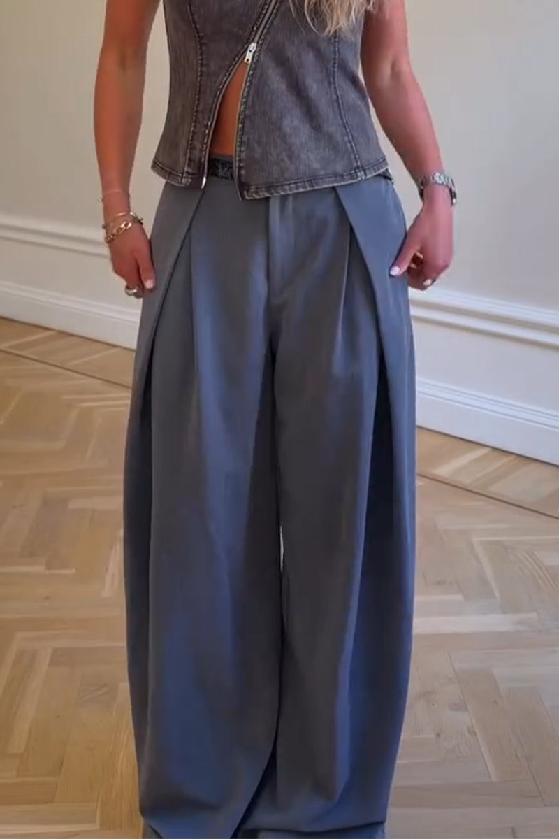 Women Casual Round Neck Sleeveless Zipper Denim Top or Wide Leg Pants