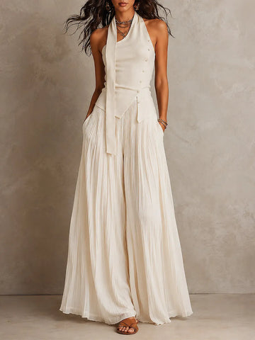 Chic Halter-neck Asymmetric Hem Top & Crinkled Chiffon Wide-leg Pants Set