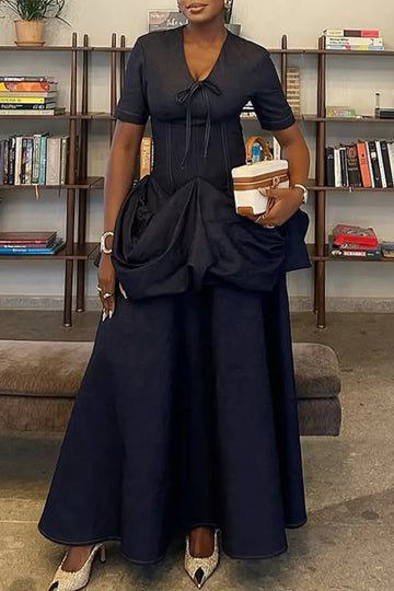 Women V-neck Splicing Elegant Temperament Denim Dress