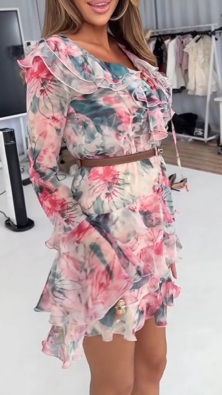 Women V-neck Long Sleeved Patchwork Print Elegant Casual Dress