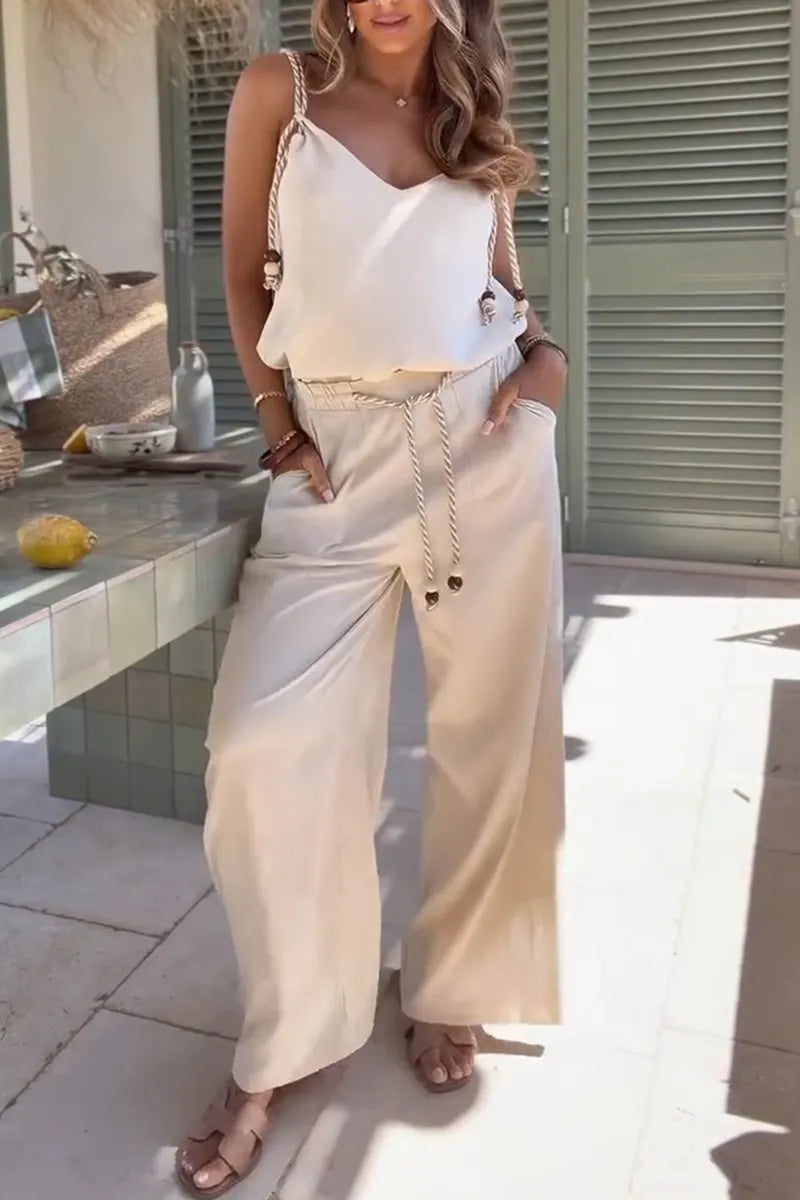 Women's Resort V-Neck Vest Wide Leg Pants Set