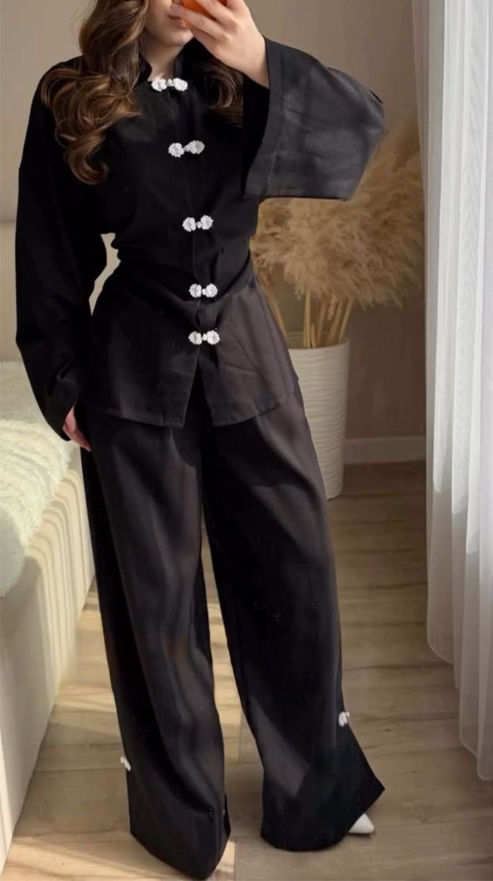 Women Round Neck Breasted Top and Pants New Chinese Casual Suit