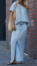 Women's Round Neck Tencel Denim Casual Suit