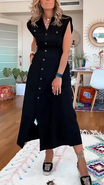 Women V-neck Breasted Sleeveless Casual Dress