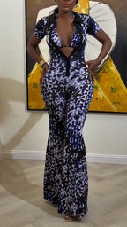 Women Collar Print Slim Fit Temperament Casual Jumpsuit