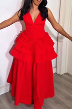Women's Elegant V Neck Tiered Flounce-Hem Dress