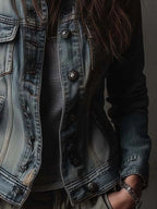 Washed And Faded Utility Denim Jacket With Epaulettes